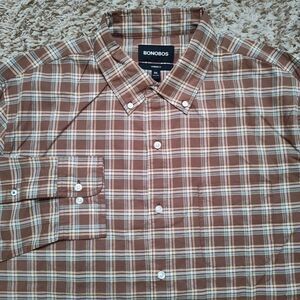 Bonobos Brown Plaid‎ Men Sz XXL Standard Fit Oxford Long Sleeve Button Up Shirt